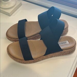 Steve Madden Black Elastic Cork Sole Platform Sandal 9-9.5